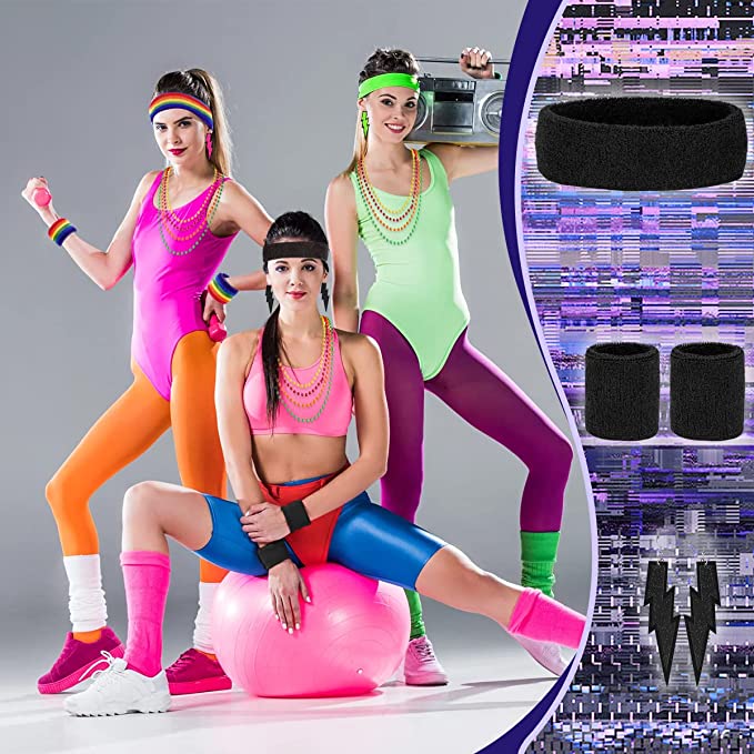 Humairc 80s Fancy Dress for Women 80s Accessories Neon 80s Fun Running Team Halloween Costumes Kids, Headbands Wristbands Mesh T-Shirt Neon Necklace Earrings for Carnival Costumes Girls 80s T-Shirt