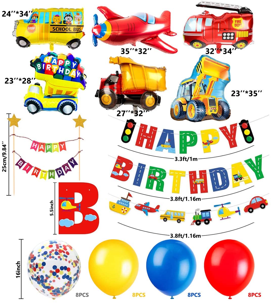 Humairc Boys Birthday Decoration Car Transport Balloon Happy Birthday Banner Construction Vehicle School Bus Fire Truck Plane Cake Topper for Kids Transport Themed Party