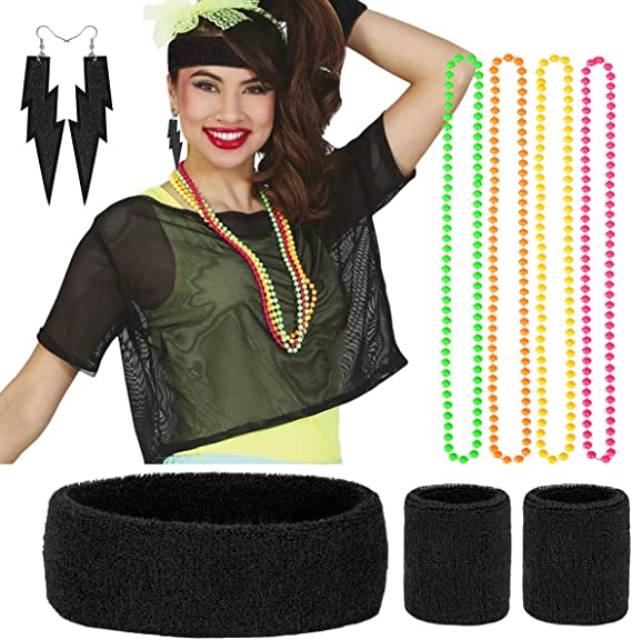 Humairc 80s Fancy Dress for Women, Costume Carnival Costume Halloween Woman 80s Accessories Costume Outfits - Headbands Wristbands 80s XXL T- Shirt Necklace Earrings