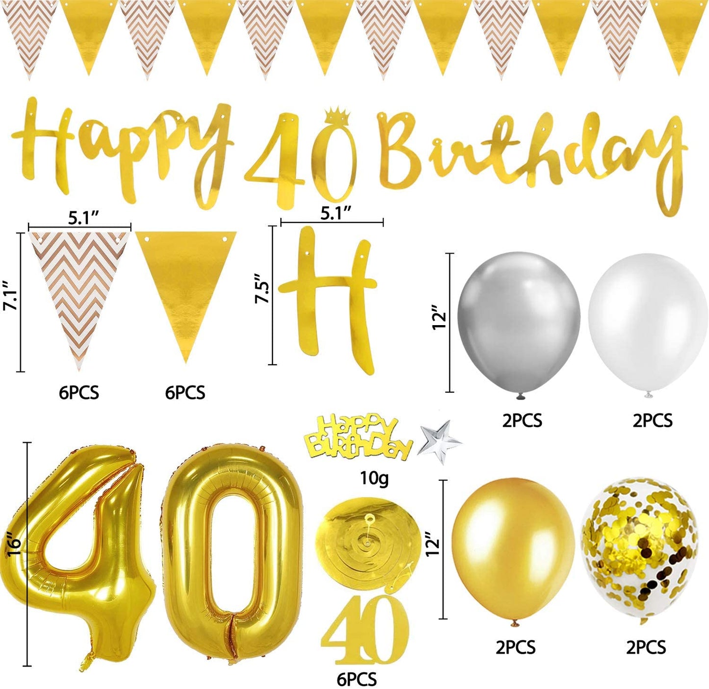 Humairc 40th Gold White Birthday Decorations, 40th Happy Birthday Banner Triangle Flag Banners 6pcs Nunber Hanging Swirl, Number 40 Balloons 8pcs Latex Confetti Balloons Table Confetti-Man Women