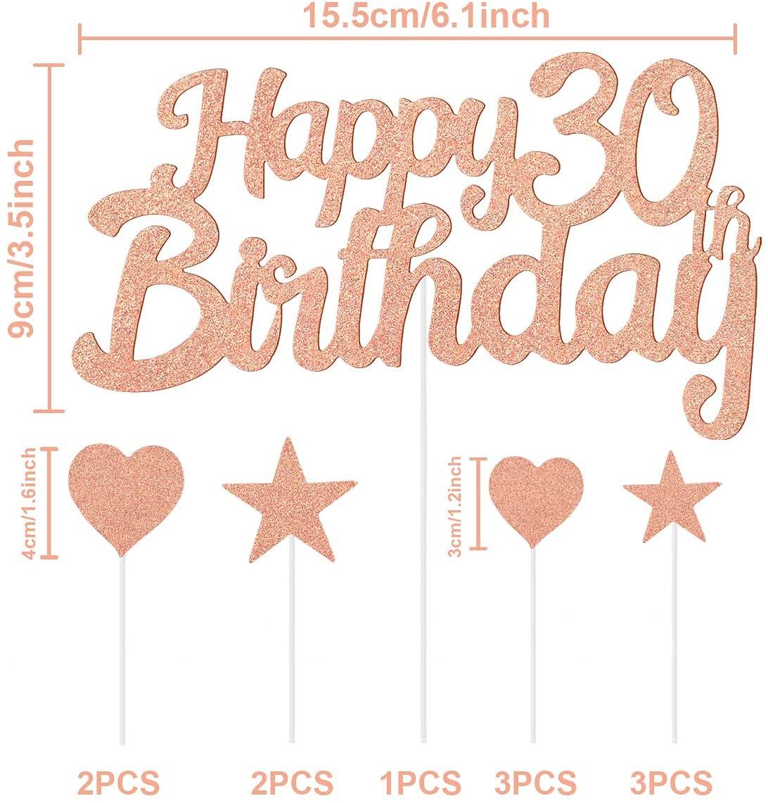 Humairc 30th Rose Gold Cake Decorations Happy Birthday Cake Topper for Girls Women Kids, Cupcake Topper for Shiny Rose Gold Birthday Party Cake Decorating