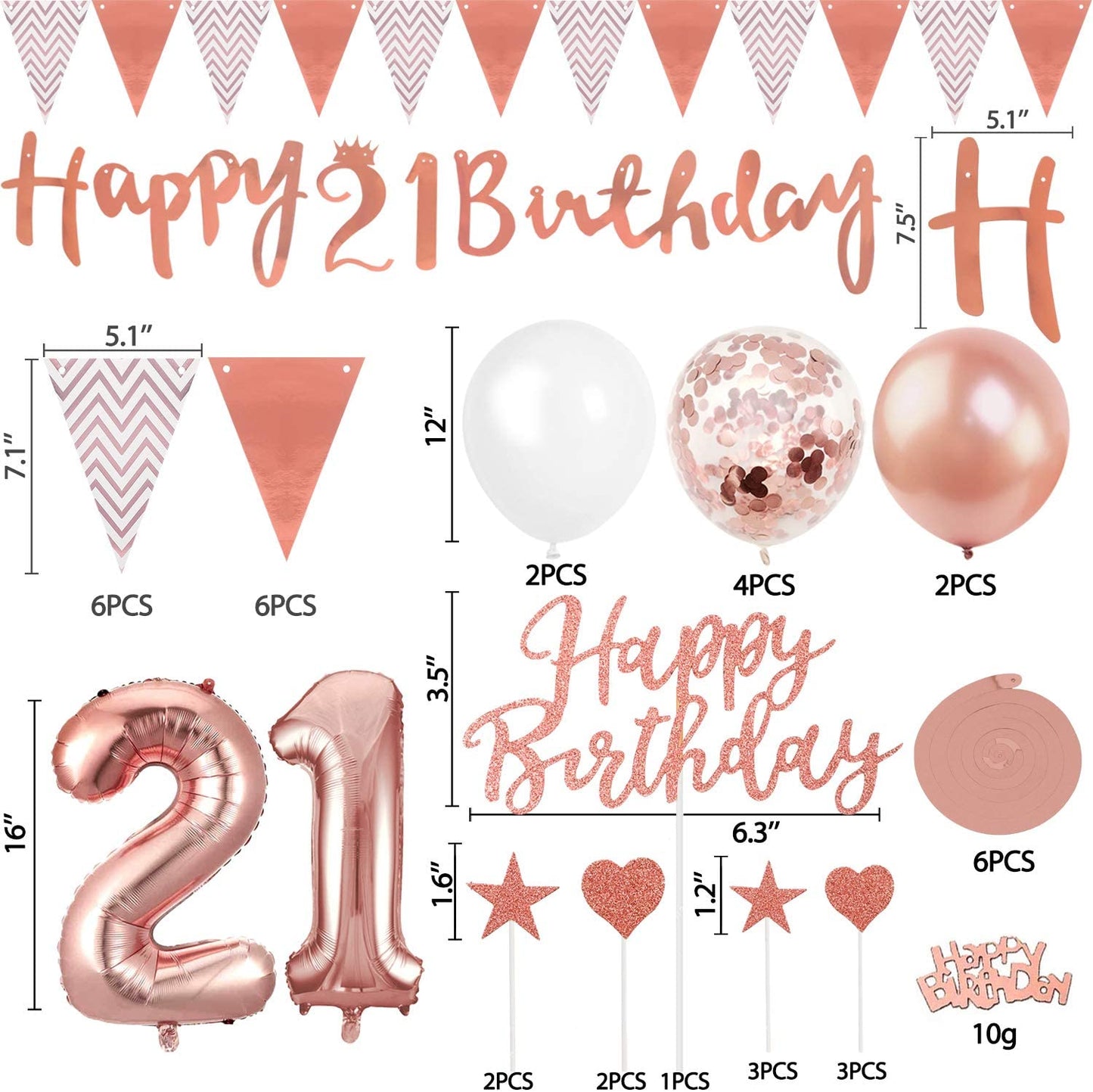 Humairc 21st Rose Gold Birthday Decorations, 21st Happy Birthday Banner Triangle Flag Banners 6pcs Hanging Swirl, Number 21 Balloons 8pcs Latex Balloons Cake Toppers Table Confetti for Women Girls