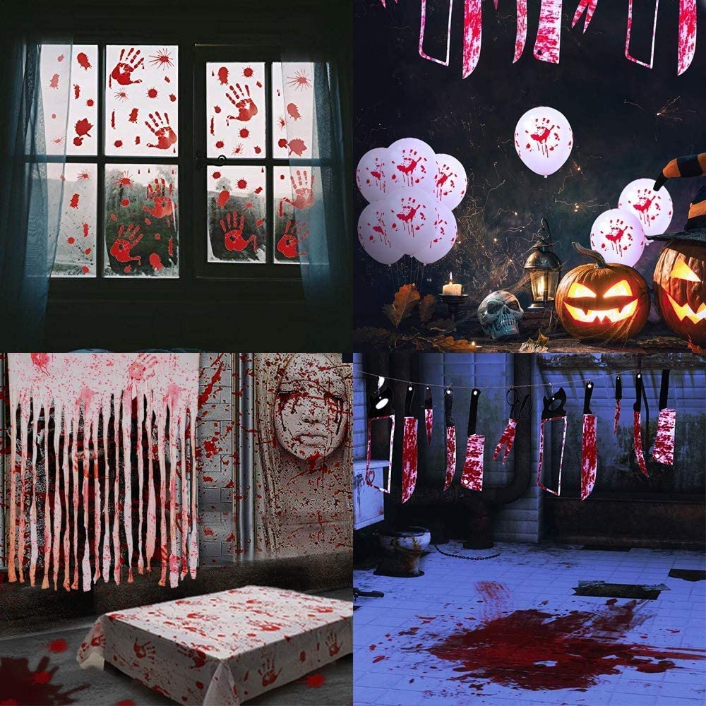 Humairc Halloween Party Decoration Including 12pcs Bloody Garland Torture 1 Bloody Tablecloth 1 Curtain 2 Handprints Footprints Stickers Scary halloween Bloody Balloons for Home Haunted House