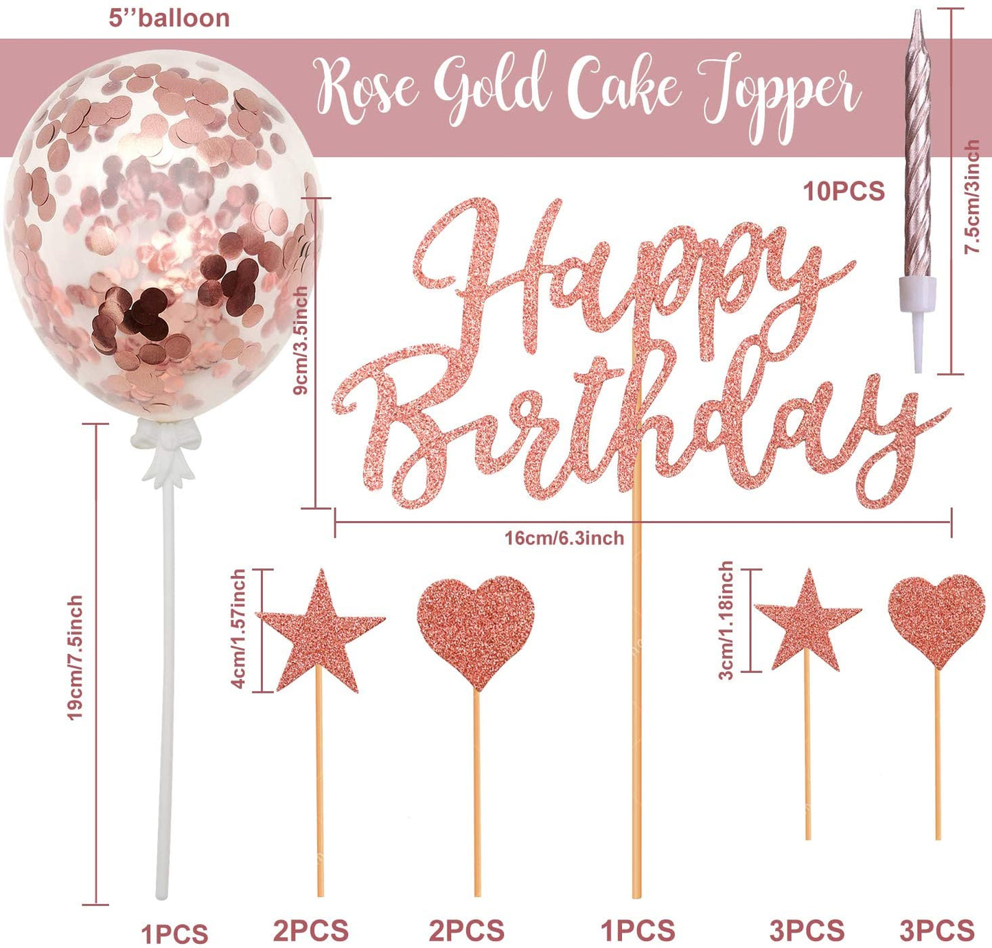 Humairc Rose Gold Candles Cake Decoration Birthday Confetti Balloon Cake Topper Shiny Happy Birthday Garland Hearts Stars Cupcake Topper for Girls Women Kids