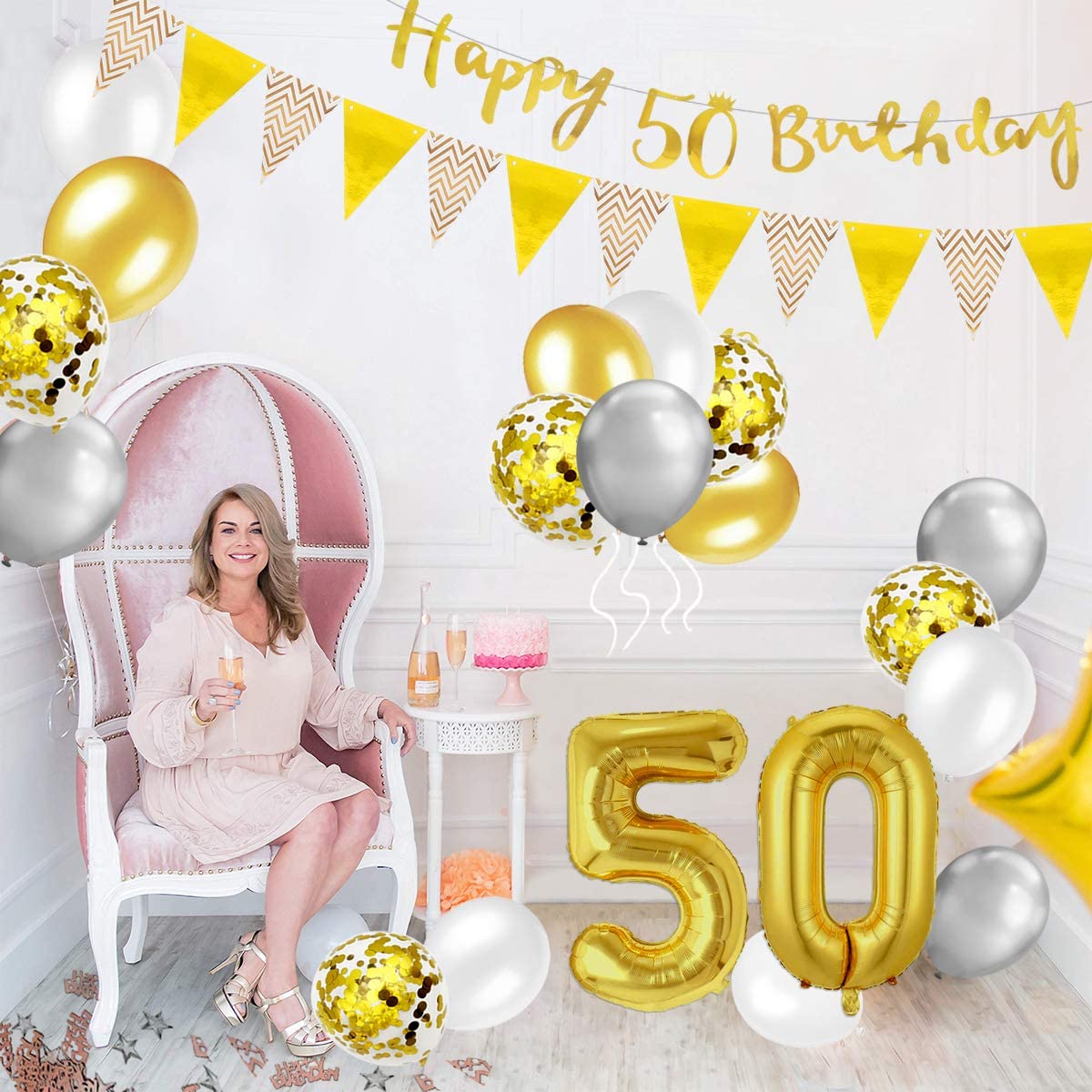 Humairc 50th Gold White Birthday Decorations, 50th Happy Birthday Banner Triangle Flag Banners 6pcs Nunber Hanging Swirl, Number 50 Balloons 8pcs Latex Confetti Balloons Table Confetti-Man Lady
