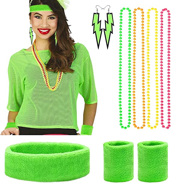 Humairc 80s Fancy Dress for Women, Costume Carnival Costume Halloween Woman 80s Accessories Costume Outfits - Headbands Wristbands 80s XXL T- Shirt Necklace Earrings