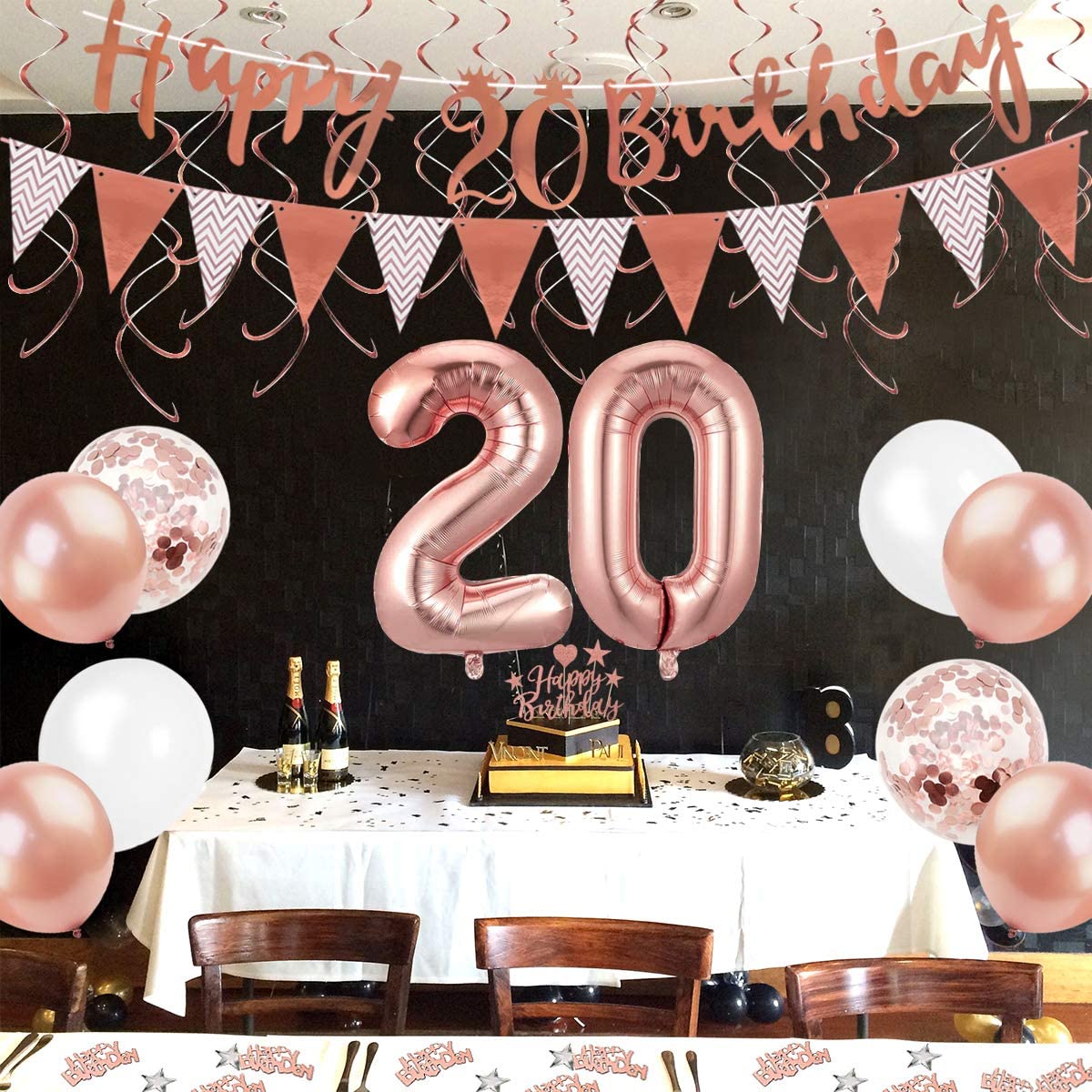 Humairc 20th Rose Gold Birthday Decorations, 20th Happy Birthday Banner Triangle Flag Banners 6pcs Hanging Swirl, Number 20 Balloons 8pcs Latex Balloons Cake Toppers Table Confetti for Women Girls