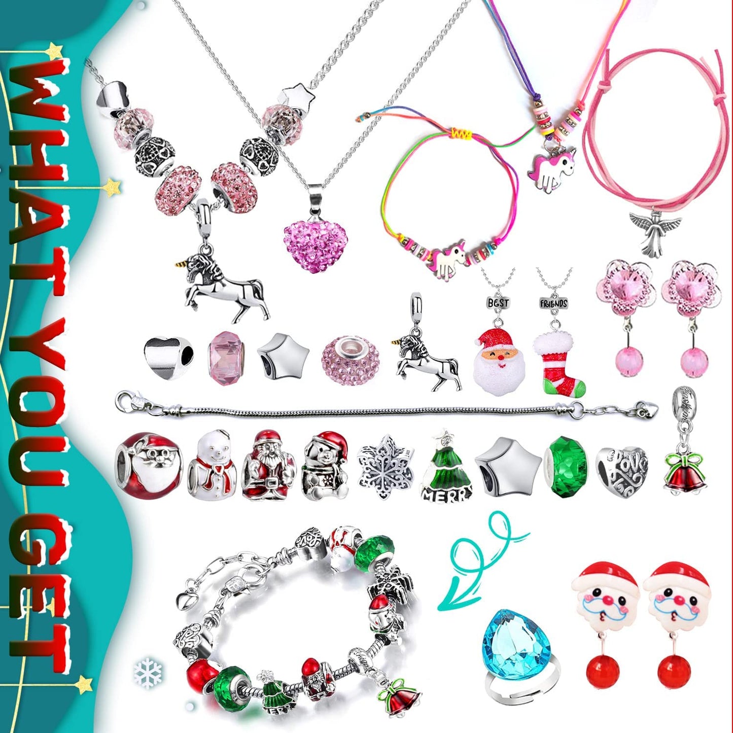 Humairc Jewelry Advent Calendar for Girls Kids 2021 Christmas, Felt Santa 24 Xmas Surprise Gifts of DIY Bracelet Necklace Earring Clip Rings Charms, 24 Days Countdown for Daughter