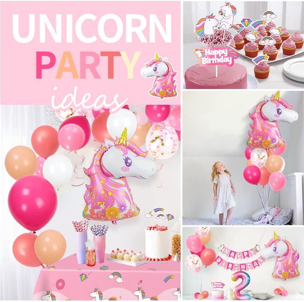 Humairc Decoration Anniversaire Licorne, Deco anniversaire Fille 2 ans Ballon Licorne Nappe Licorne Banderole Joyeux Anniversaire Decoration Gateau Grand Ballon Numéro 2, Cadeau Enfant 2 ans