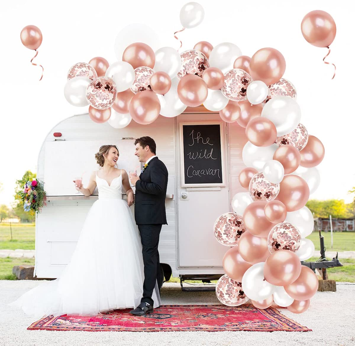 Humairc Rose Gold Balloon Wreath Arch DIY Kit, Mainly Rose Gold Balloons, Mixed Pearl White Balloons and Confetti Balloons with DIY Tools for Birthday Wedding Baby Shower Decor
