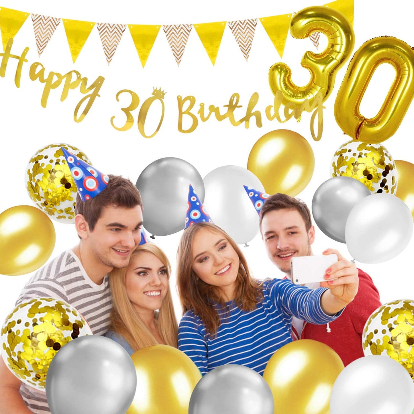 Humairc 30th Gold White Birthday Decorations, 30th Happy Birthday Banner Triangle Flag Banners 6pcs Nunber Hanging Swirl, Number 30 Balloons 8pcs Latex Confetti Balloons Table Confetti-Man Lady