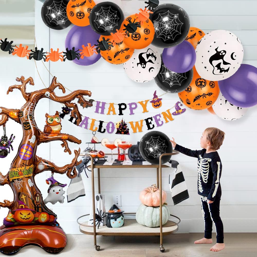 Humairc Halloween Decorations Party Decorations Halloween Balloons 2 Banner, Oversized 1 Tree with Ghost Spider Owl Pumpkin Elements for Halloween Party Decorations Halloween Decorations Outdoor