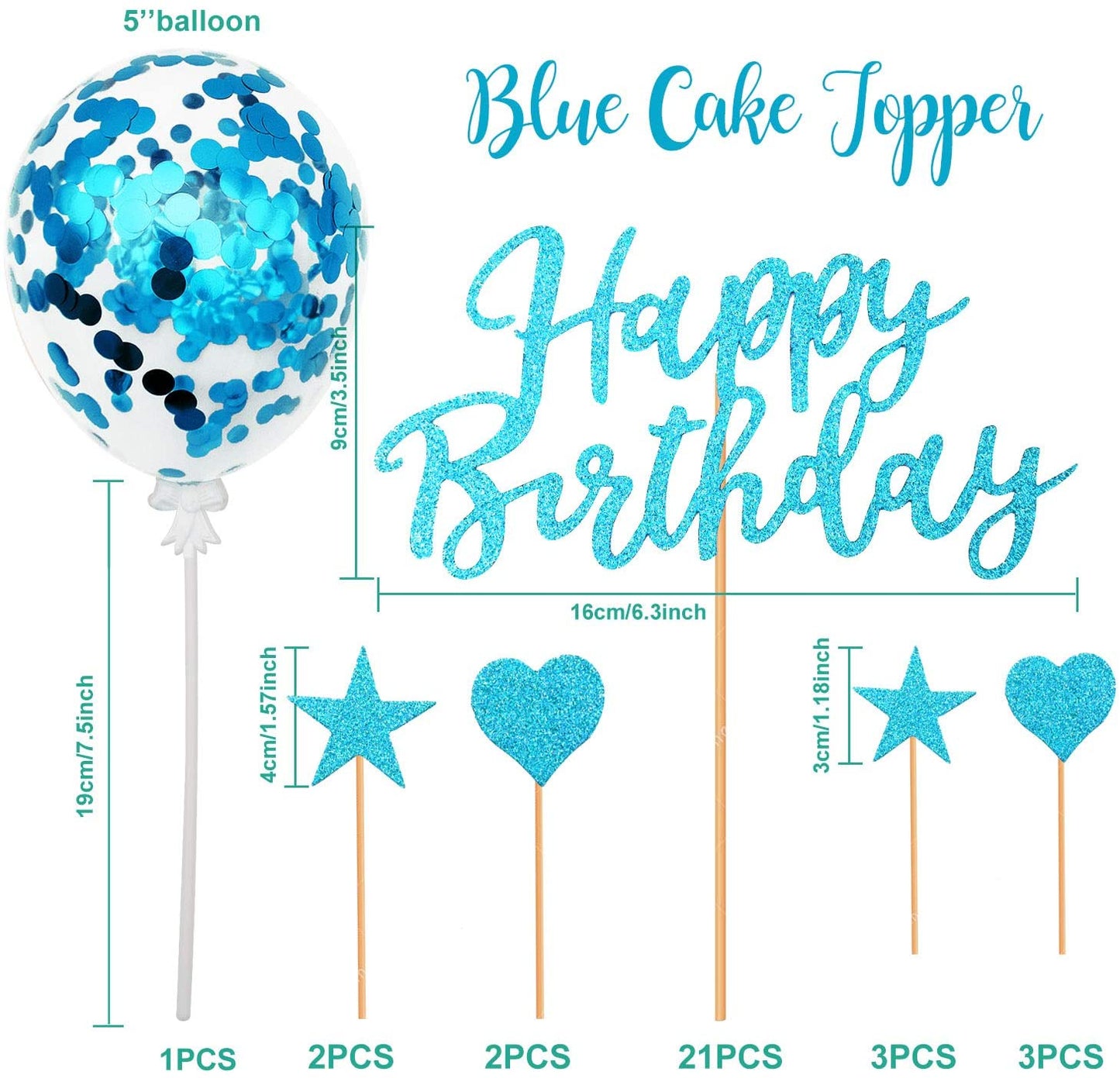 Humairc Blue Cake Topper Blue Confetti Balloon Birthday Cake Decoration Blue Cupcake Topper for Girls Women Boys Mans Kids Adults Birthday (Blue)