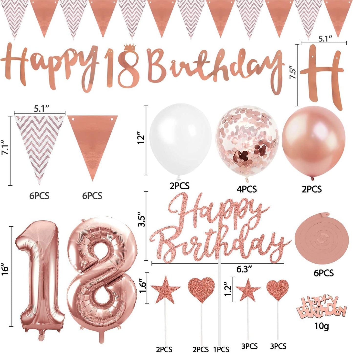 Humairc 18th Rose Gold Birthday Decorations for Girls, 18th Happy Birthday Banner Triangle Flag Banners 6pcs Hanging Swirl, Number 18 Balloons 8pcs Latex Balloons Cake Toppers Table Confetti