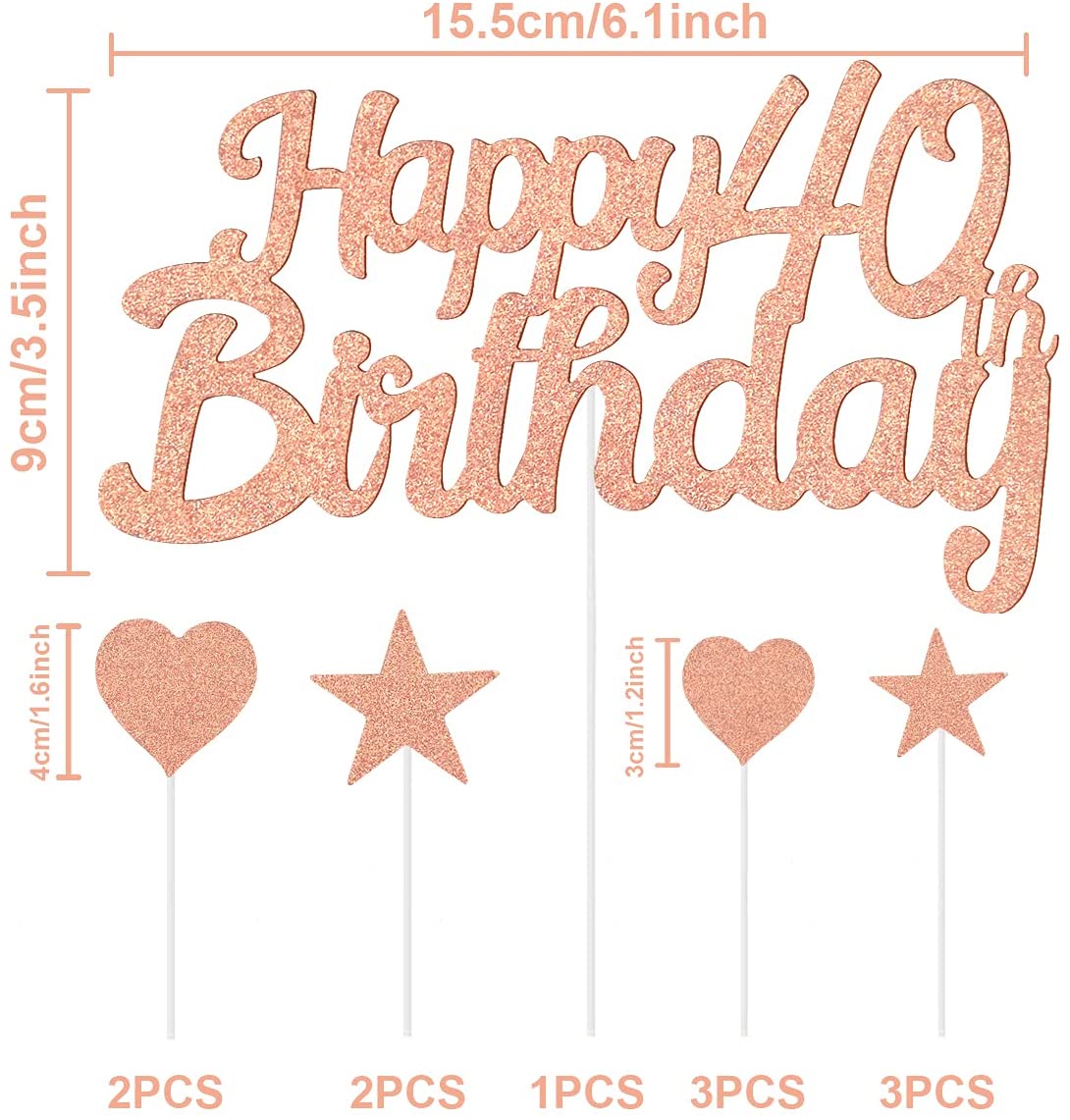 Humairc 40th Rose Gold Cake Decorations Happy Birthday Cake Topper for Girls Women Kids, Cupcake Topper for Shiny Rose Gold Birthday Party Cake Decorating