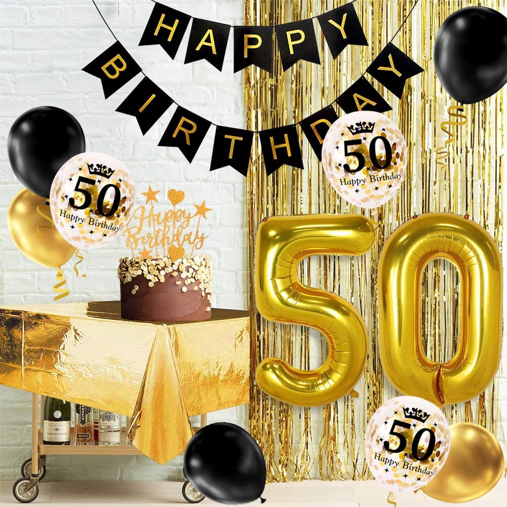 Humairc 50th Black Gold Birthday Party Decoration Happy Birthday Banner Balloon 50 40inch 2 Fringe Curtain Foil Tablecloth Confetti Balloon Cake Topper Table Confetti Kids Adult Man Woman