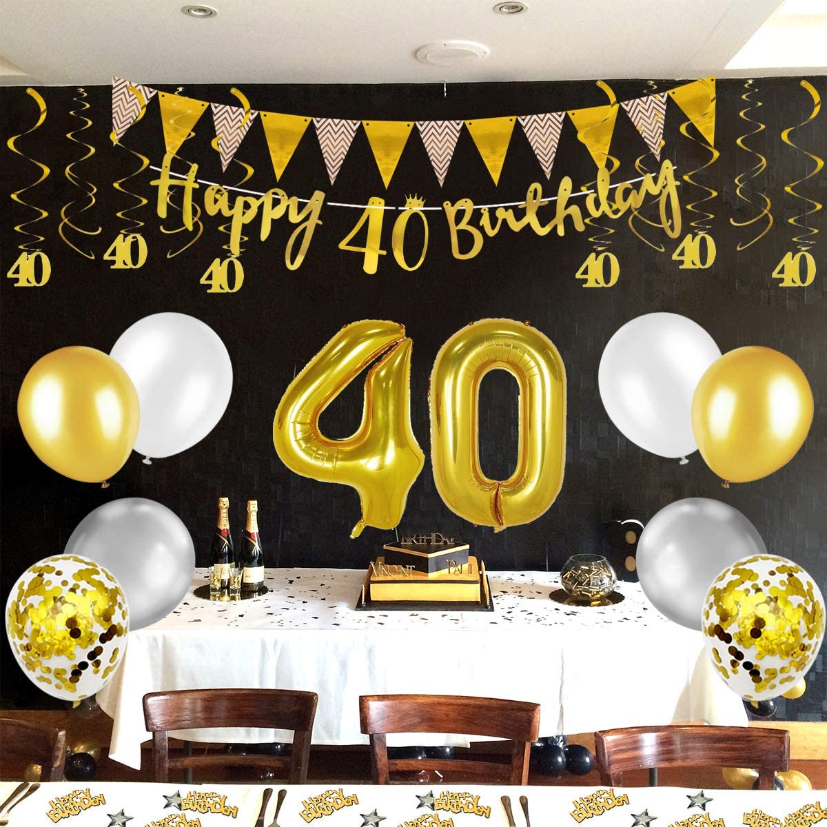 Humairc 40th Gold White Birthday Decorations, 40th Happy Birthday Banner Triangle Flag Banners 6pcs Nunber Hanging Swirl, Number 40 Balloons 8pcs Latex Confetti Balloons Table Confetti-Man Women