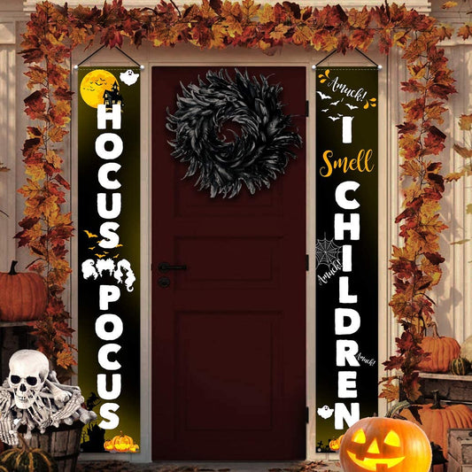 Humairc Halloween Banner Decoration Porch Sign, Hocus Pocus & I Smell Children Banner, Trick or Treat Banner Halloween Home Outdoor Front Door Hanging Sign - Welcome Door Decoration (Orange)