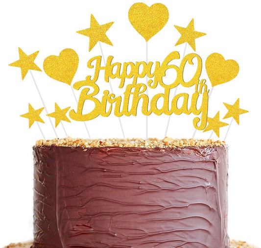 Humairc 60th Cake Toppers Men, 60th Cake Decorations Women, Gold Happy Birthday Cupcake Topper Star Heart Topper for Birthday Party Decor - 60 Years Old Birthday Cake Ideas - Boy Girl