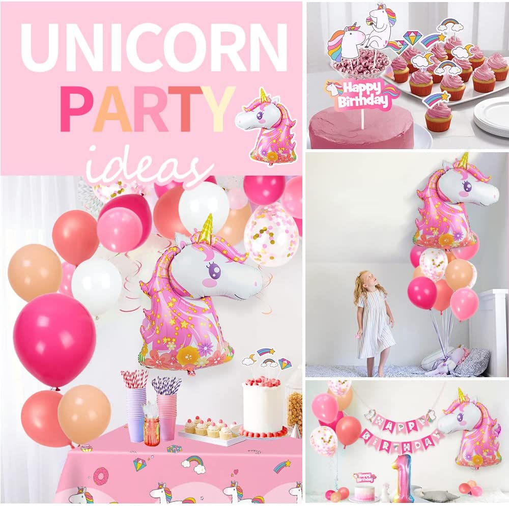 Humairc Decoration Anniversaire Licorne, Deco Anniversaire Fille 1 an Ballon Licorne Nappe Licorne Banderole Joyeux Anniversaire Decoration Gateau Grand Ballon Numéro 1, Cadeau Enfant 1 an