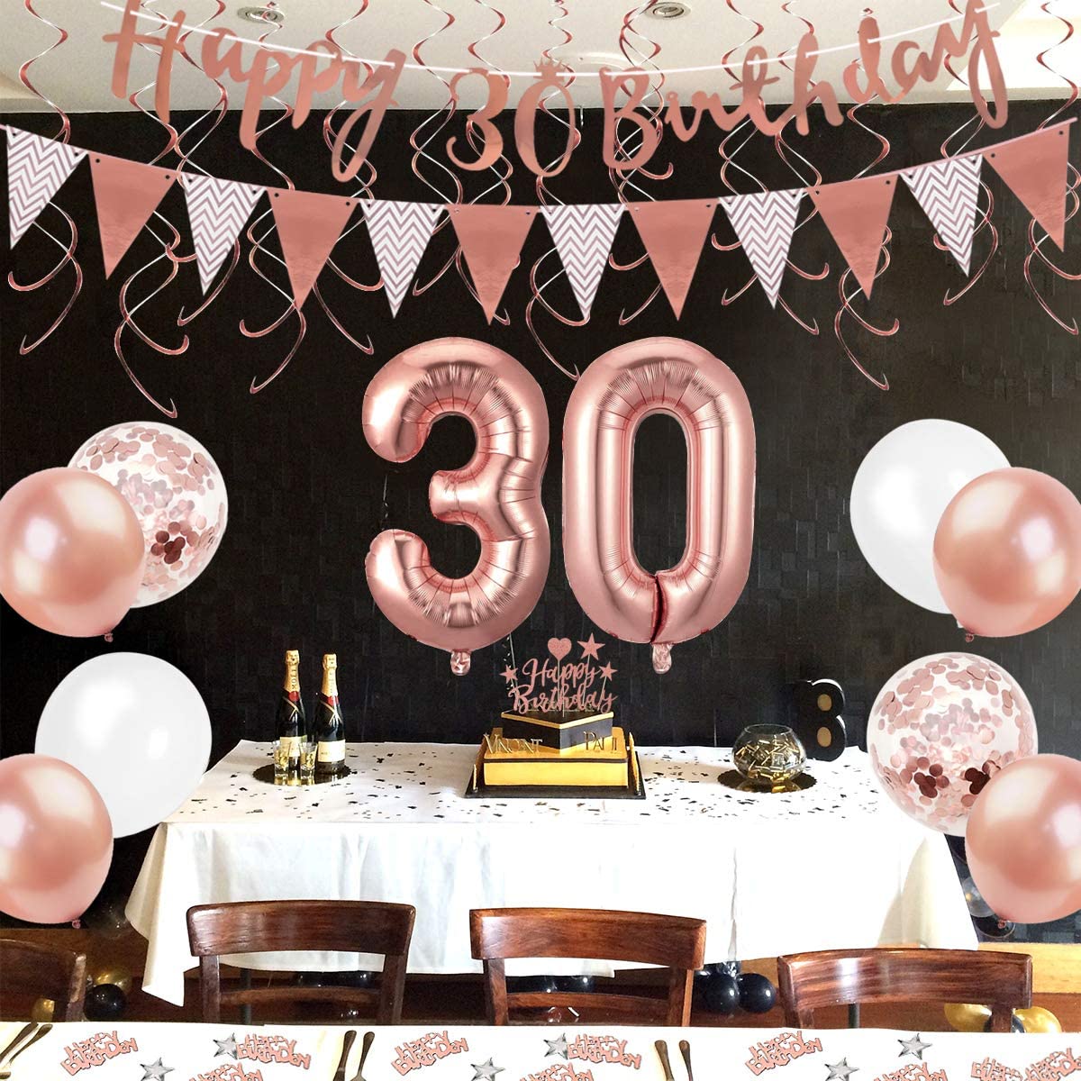 Humairc 30th Rose Gold Birthday Decorations, 30th Happy Birthday Banner Triangle Flag Banners 6pcs Hanging Swirl, Number 30 Balloons 8pcs Latex Balloons Cake Toppers Table Confetti for Women