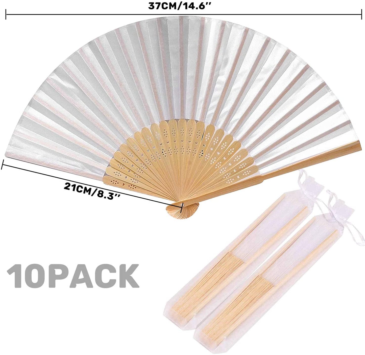 Humairc White Wedding Fan 12pcs Cloth Folding Hand Held Fan and 12pcs Organza Bags Bamboo Chinese Fans for Church Wedding Gift Wall Decoration Party Favor DIY Wall Summer Party Guest Gifts