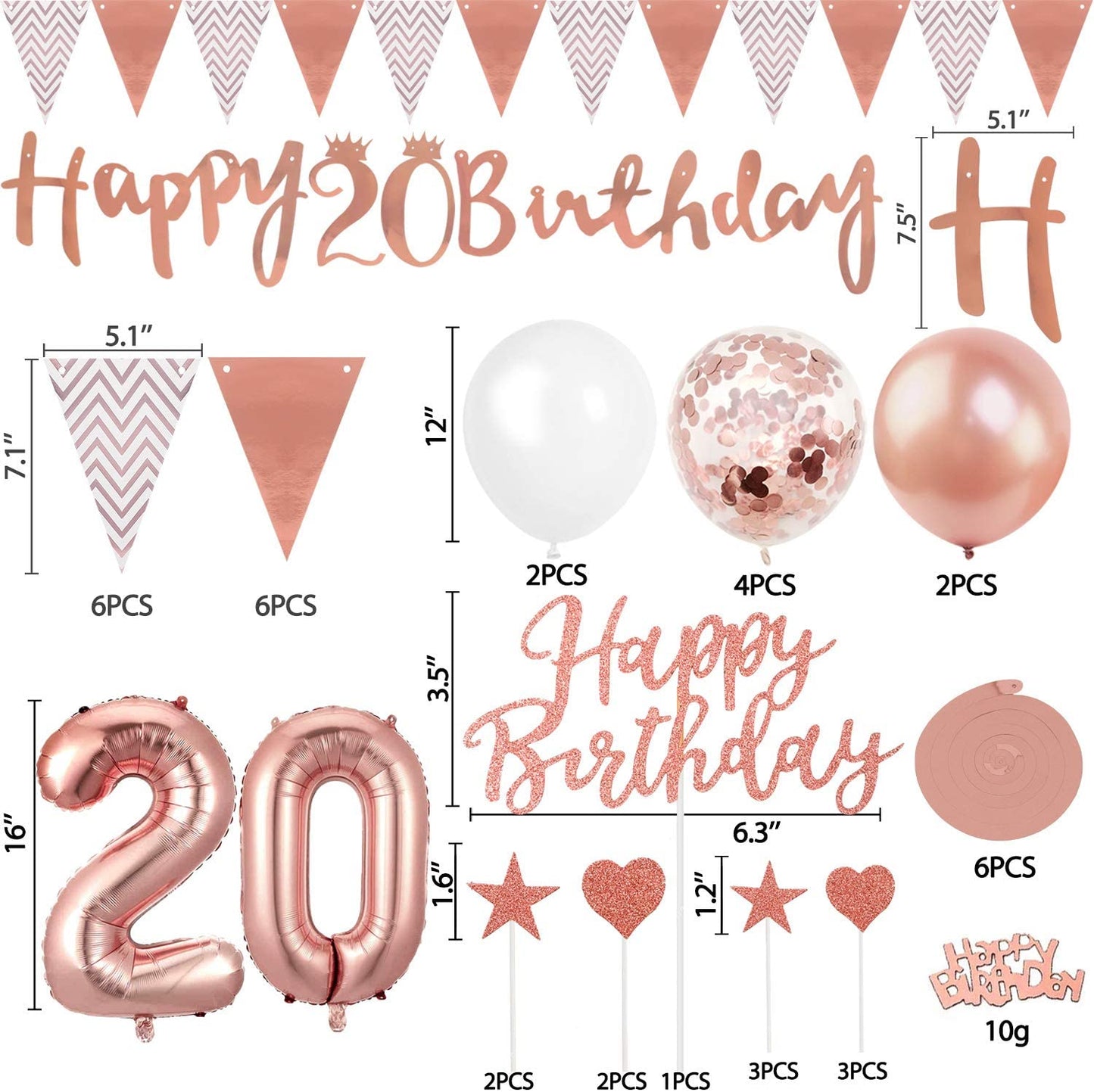 Humairc 20th Rose Gold Birthday Decorations, 20th Happy Birthday Banner Triangle Flag Banners 6pcs Hanging Swirl, Number 20 Balloons 8pcs Latex Balloons Cake Toppers Table Confetti for Women Girls