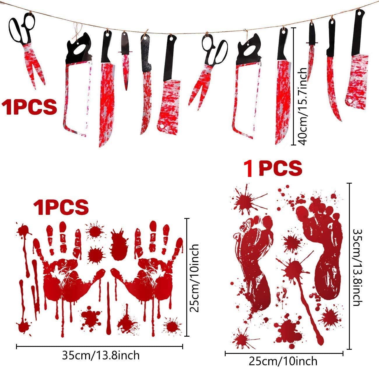 Humairc Halloween Party Decoration Including 12pcs Bloody Garland Torture 1 Bloody Tablecloth 1 Curtain 2 Handprints Footprints Stickers Scary halloween Bloody Balloons for Home Haunted House