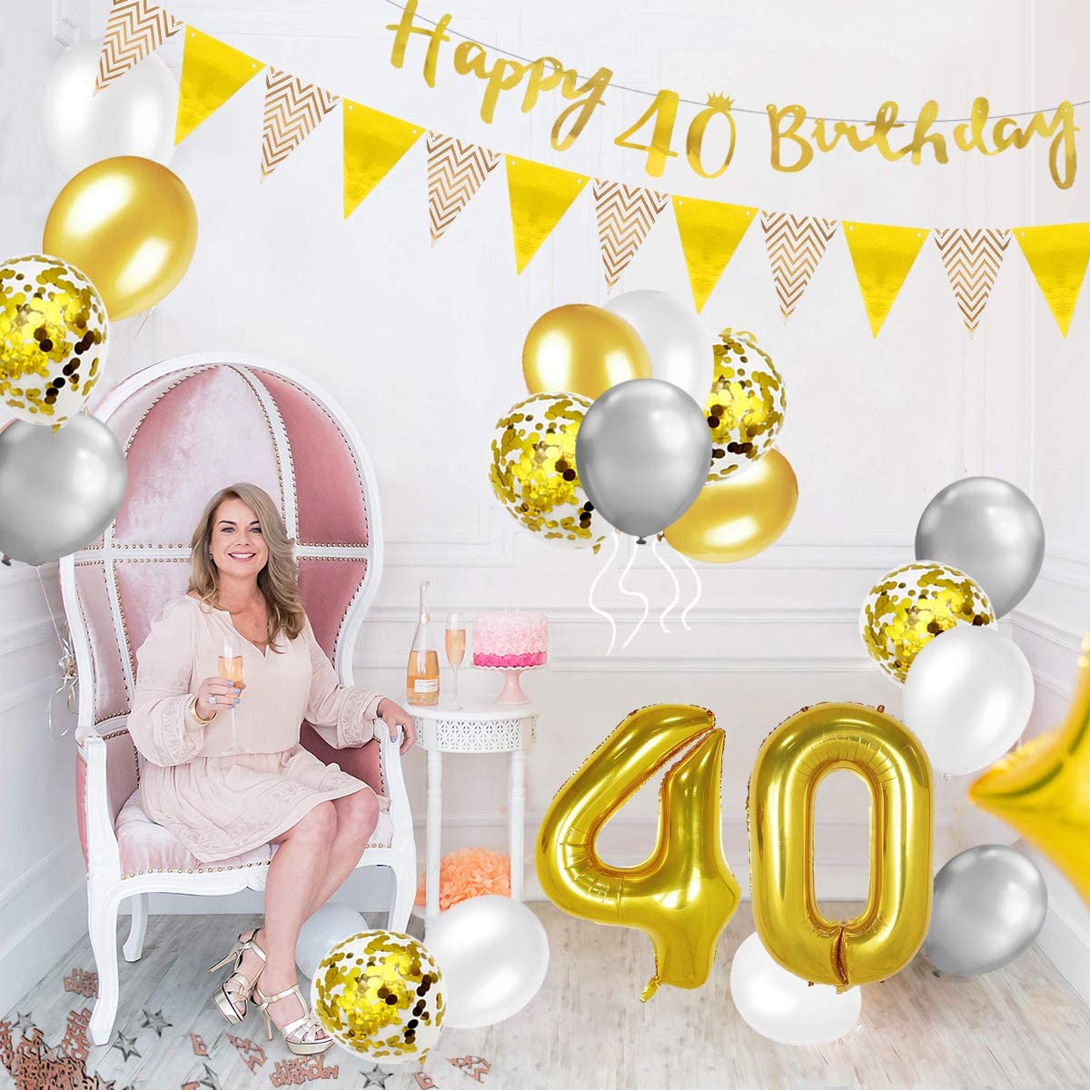 Humairc 40th Gold White Birthday Decorations, 40th Happy Birthday Banner Triangle Flag Banners 6pcs Nunber Hanging Swirl, Number 40 Balloons 8pcs Latex Confetti Balloons Table Confetti-Man Women