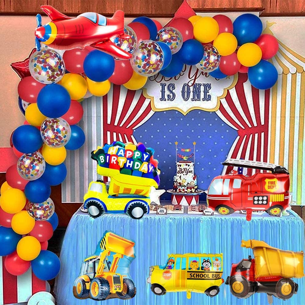 Humairc Boys Birthday Decoration Car Transport Balloon Happy Birthday Banner Construction Vehicle School Bus Fire Truck Plane Cake Topper for Kids Transport Themed Party