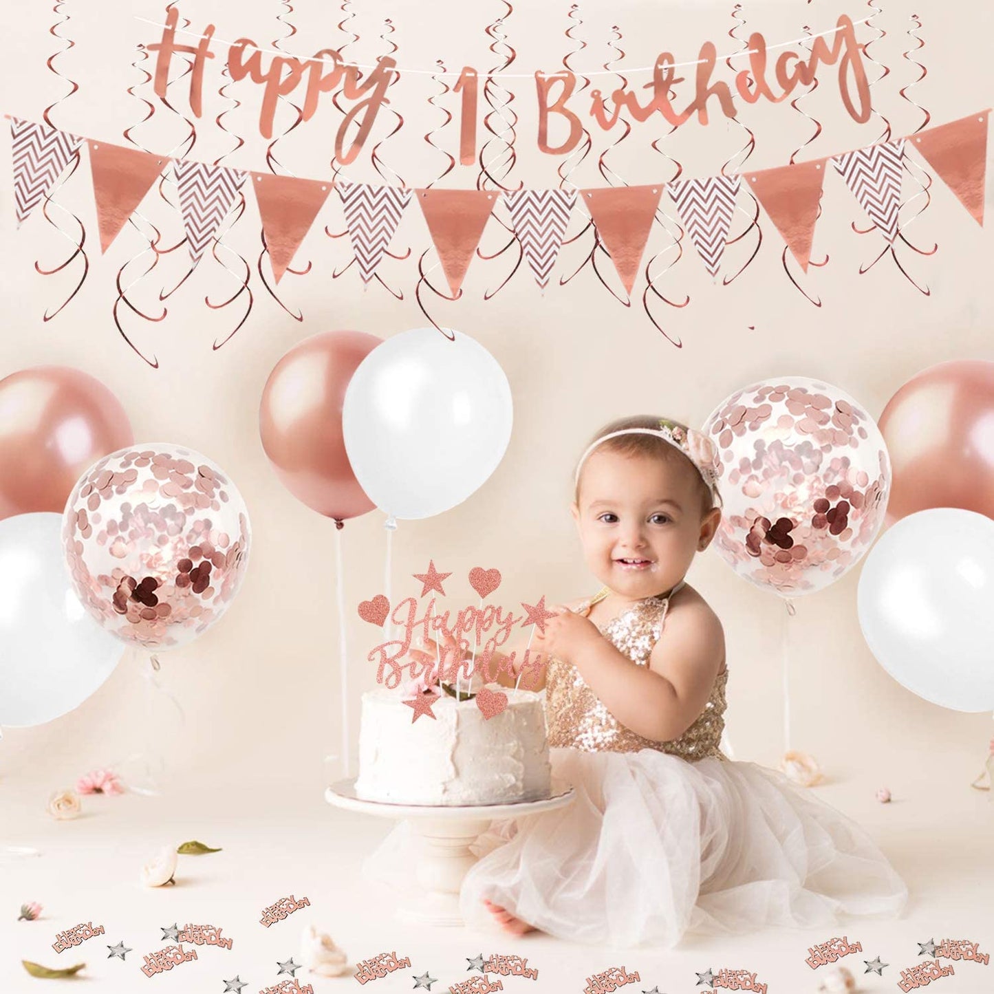 Humairc 1st Birthday Balloons Decorations for Girls, 1st Happy Birthday Banner Triangle Flag Hanging Swirl Cake Toppers Confetti - Baby Gilr First Birthday Baby Shower- Rose Gold