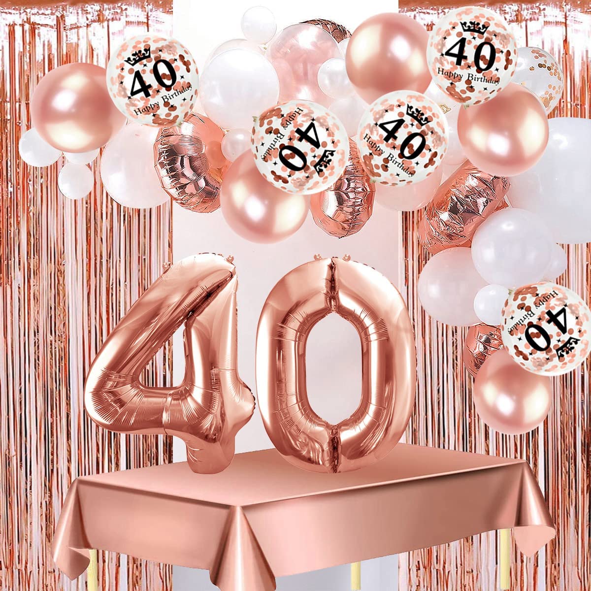 Humairc 40th Rose Gold Birthday Party Decoration for Girls Happy Birthday Banner Balloon 40 40inch 2 Fringe Curtain Foil Tablecloth Confetti Balloon Cake Topper Table Confetti Anniversary