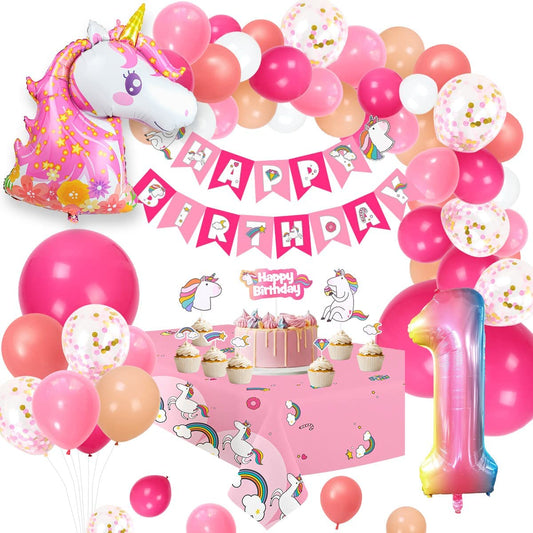 Humairc Decoration Anniversaire Licorne, Deco Anniversaire Fille 1 an Ballon Licorne Nappe Licorne Banderole Joyeux Anniversaire Decoration Gateau Grand Ballon Numéro 1, Cadeau Enfant 1 an