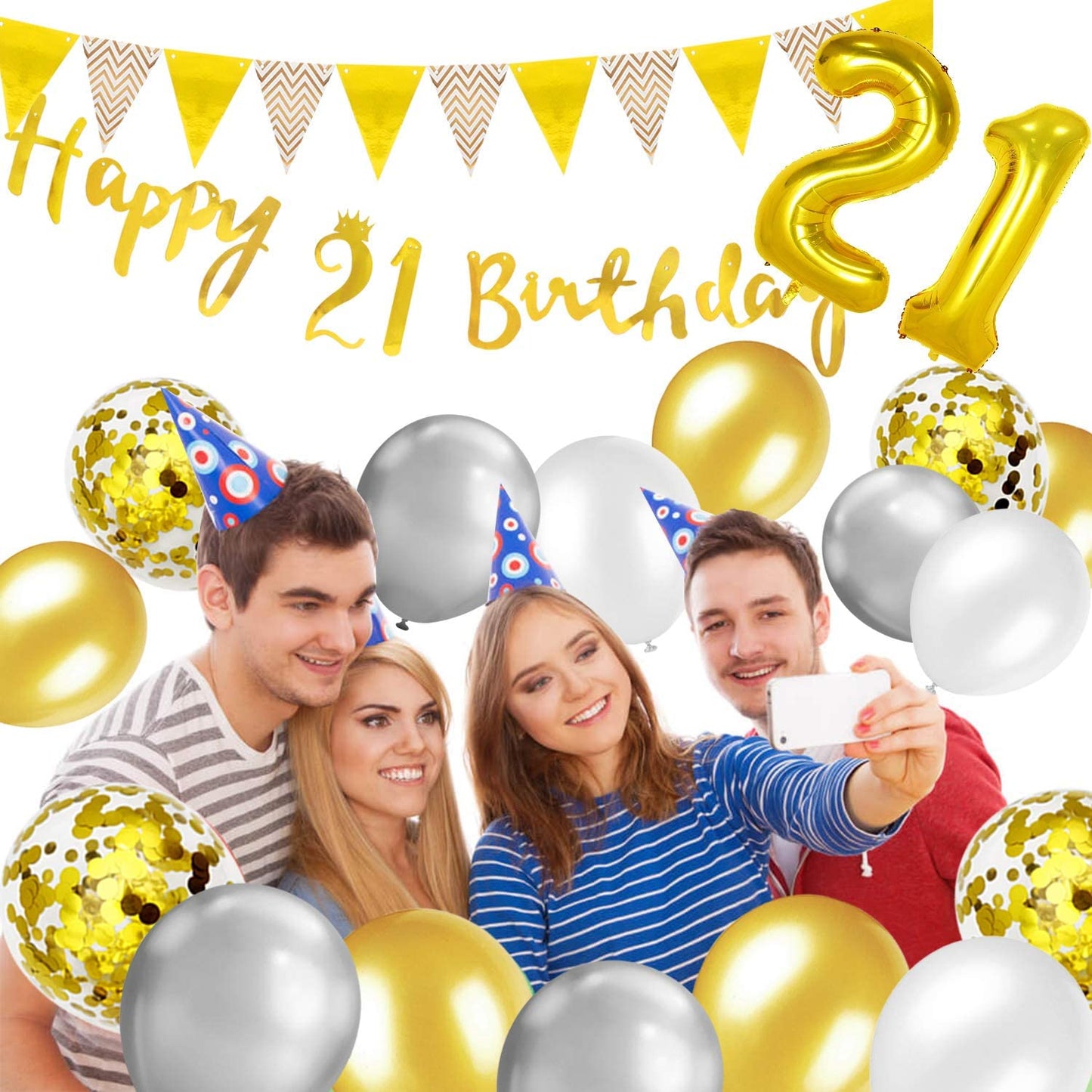 Humairc 21st Gold White Birthday Decorations, 21st Happy Birthday Banner Triangle Flag Banners 6pcs Nunber Hanging Swirl, Number 21 Balloons 8pcs Latex Balloons Table Confetti - Man Woman Boys