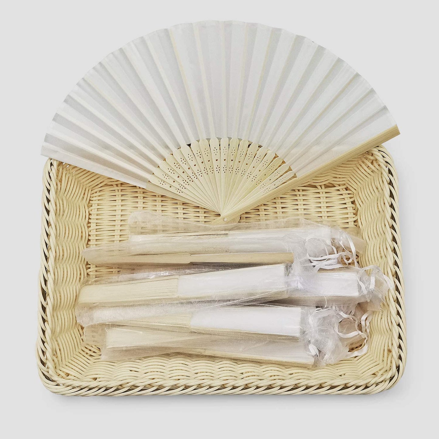 Humairc White Wedding Fan 12pcs Cloth Folding Hand Held Fan and 12pcs Organza Bags Bamboo Chinese Fans for Church Wedding Gift Wall Decoration Party Favor DIY Wall Summer Party Guest Gifts