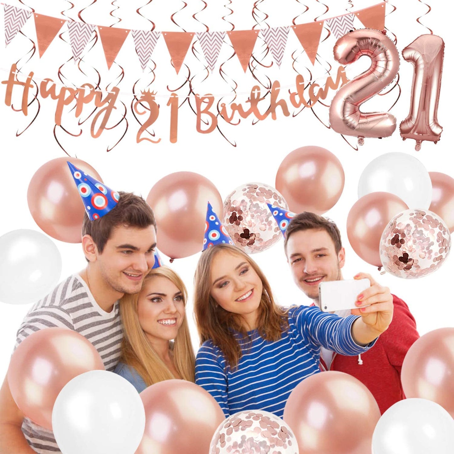 Humairc 21st Rose Gold Birthday Decorations, 21st Happy Birthday Banner Triangle Flag Banners 6pcs Hanging Swirl, Number 21 Balloons 8pcs Latex Balloons Cake Toppers Table Confetti for Women Girls