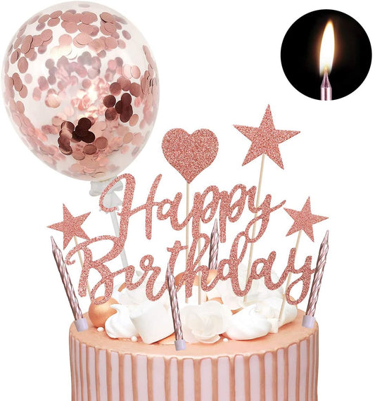 Humairc Rose Gold Candles Cake Decoration Birthday Confetti Balloon Cake Topper Shiny Happy Birthday Garland Hearts Stars Cupcake Topper for Girls Women Kids