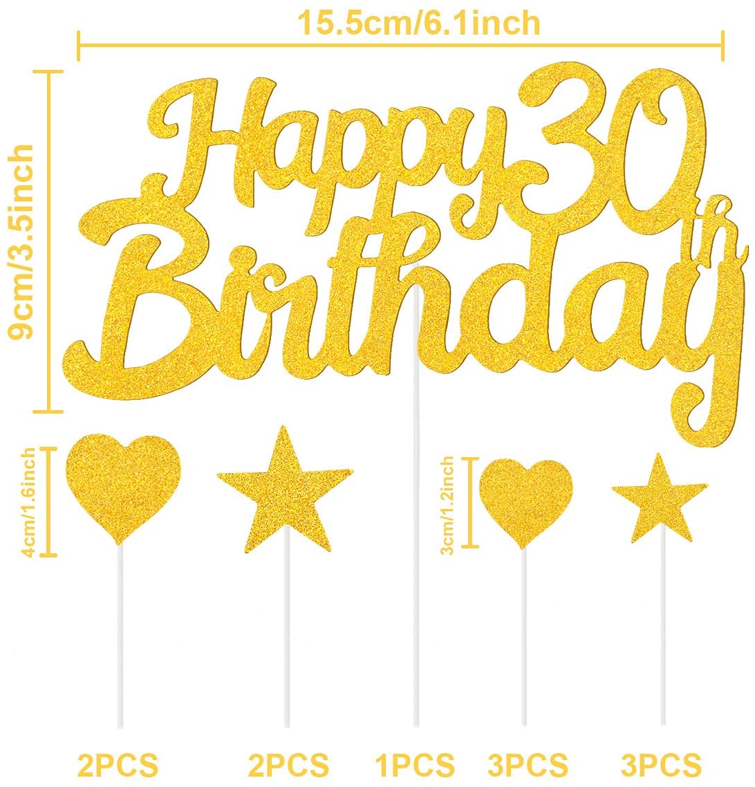 Humairc 30th Cake Toppers Men, 30th Cake Decorations Women, Gold Happy Birthday Cupcake Topper Star Heart Topper for Birthday Party Decor - 30 Years Old Birthday Cake Ideas - Boy Girl
