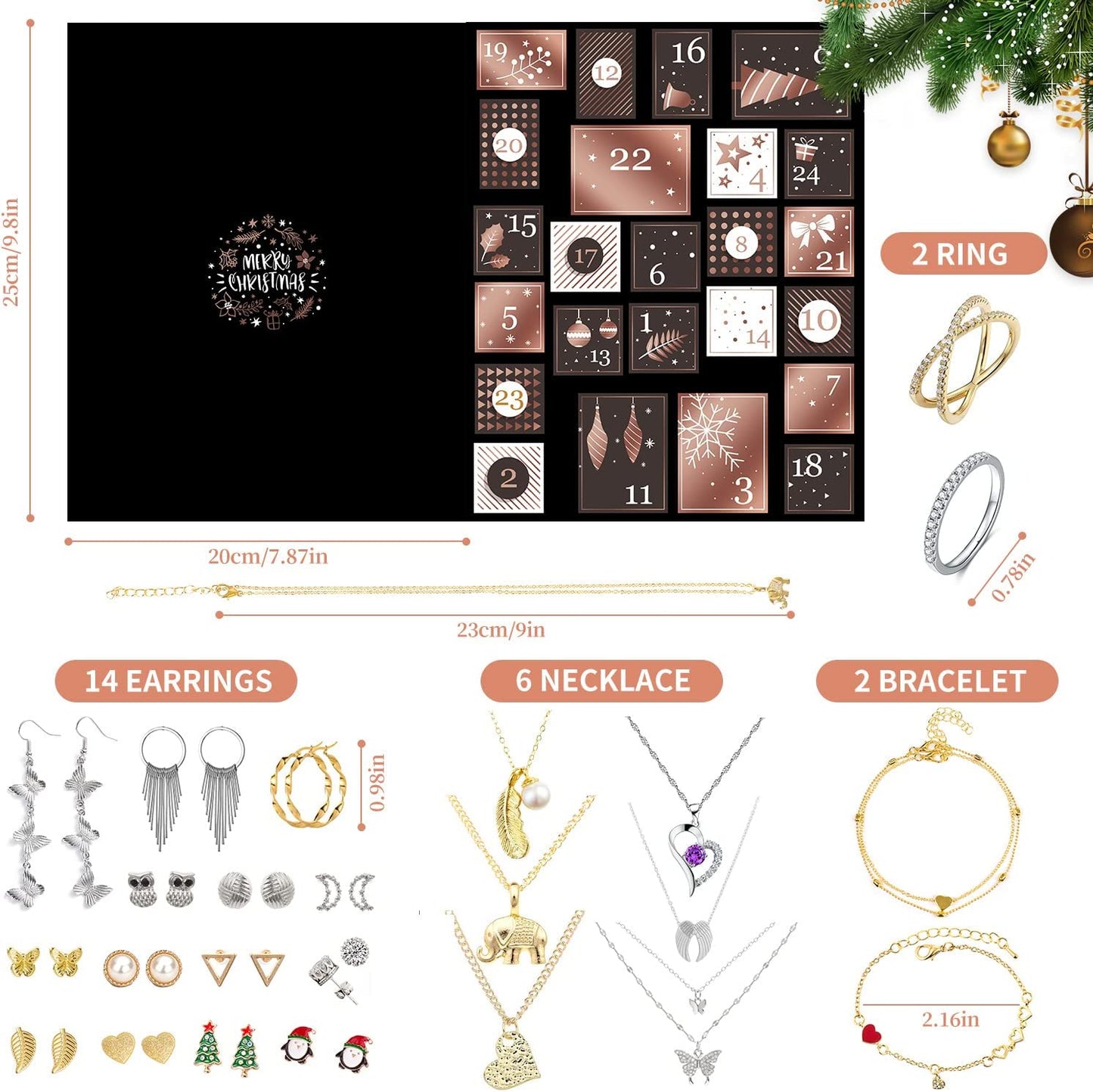 Humairc Schmuck Adventskalender Teenager Mädchen Damen 2022 Schmuckkalender Weihnachtskalender mit 24 Schmucke Halskette Armband Ringe Ohrringe