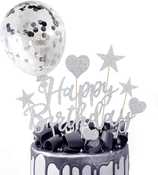 Humairc Silver Cake Topper Silver Confetti Balloon Birthday Cake Decoration Shiny Cupcake Topper for Girls Women Boys Mans Kids Adults Birthday