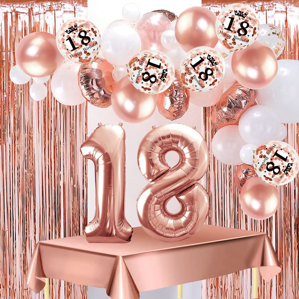 Humairc 18th Rose Gold Birthday Party Decoration for Girls Happy Birthday Banner Number 18 40inch 2 Fringe Curtain Foil Tablecloth Confetti Balloon Cake Topper Table Confetti Anniversary