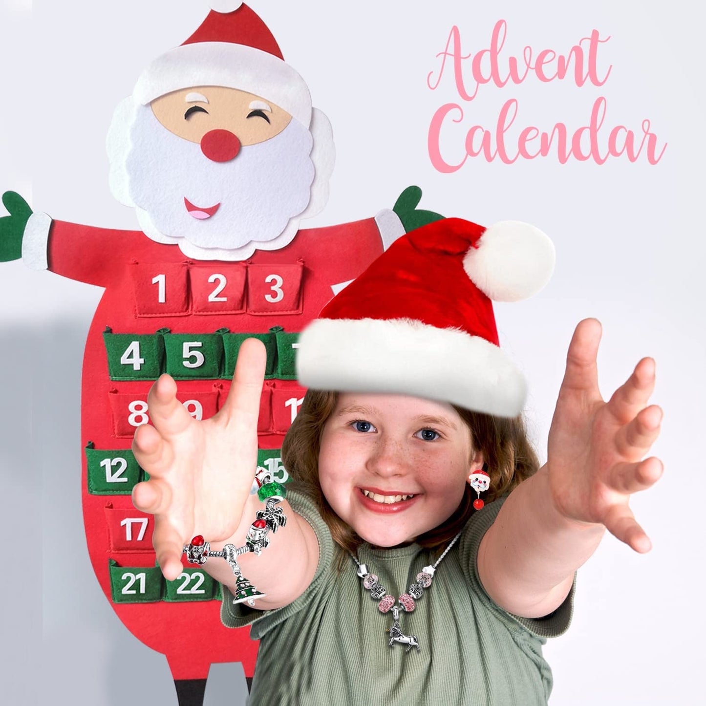 Humairc Jewelry Advent Calendar for Girls Kids 2021 Christmas, Felt Santa 24 Xmas Surprise Gifts of DIY Bracelet Necklace Earring Clip Rings Charms, 24 Days Countdown for Daughter