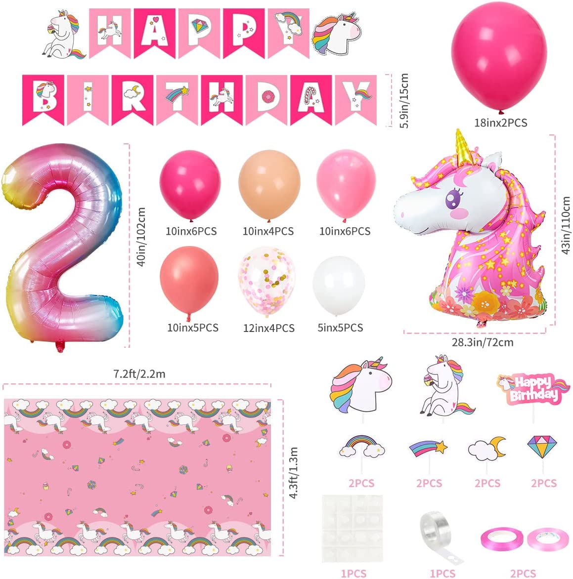 Humairc Decoration Anniversaire Licorne, Deco anniversaire Fille 2 ans Ballon Licorne Nappe Licorne Banderole Joyeux Anniversaire Decoration Gateau Grand Ballon Numéro 2, Cadeau Enfant 2 ans