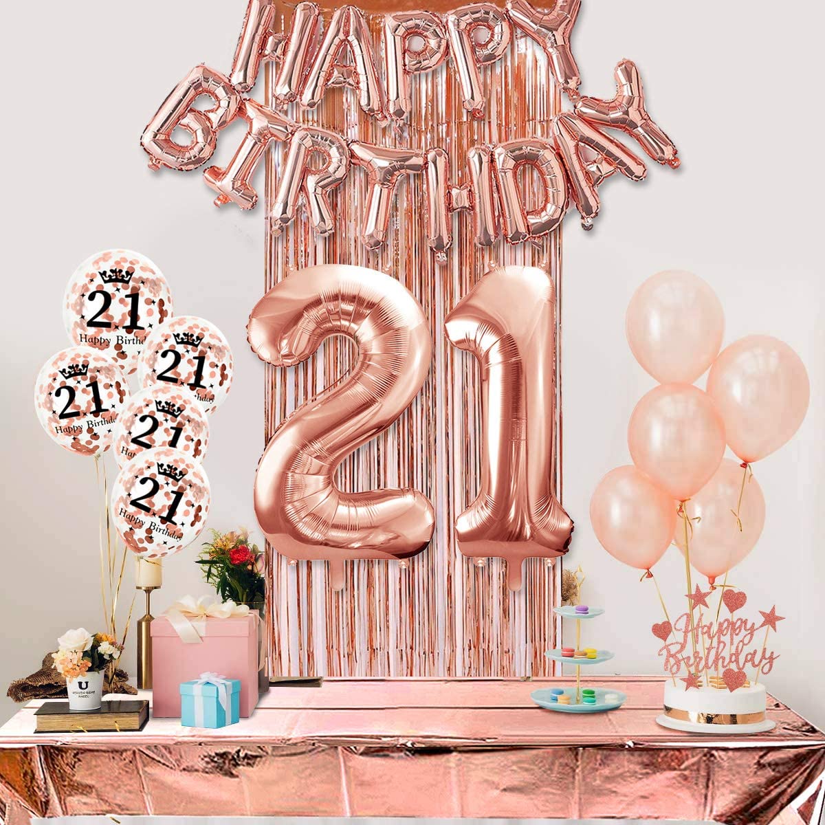 Humairc 21st Rose Gold Birthday Party Decoration for Girls Happy Birthday Banner Number 18 40inch 2 Fringe Curtain Foil Tablecloth Confetti Balloon Cake Topper Table Confetti Anniversary