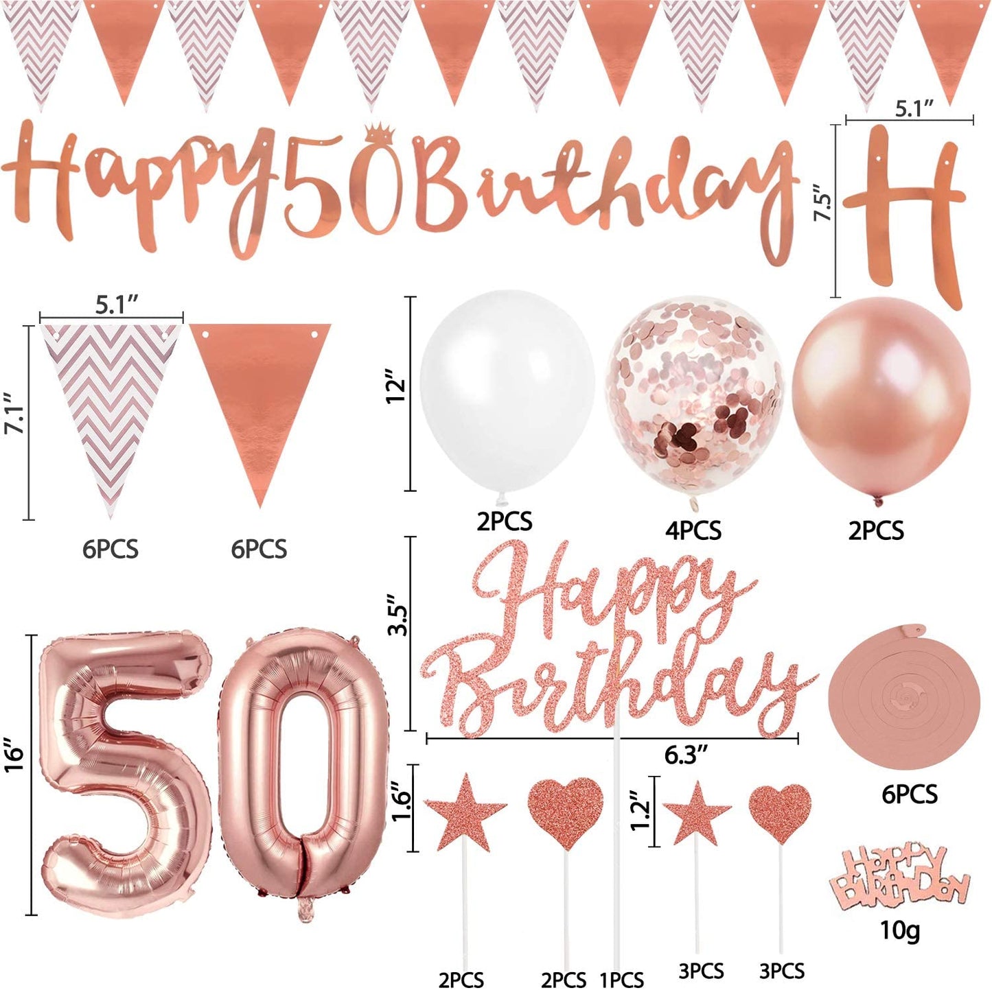 Humairc 50th Rose Gold Birthday Decorations, 50th Happy Birthday Banner Triangle Flag Banners 6pcs Hanging Swirl, Number 50 Balloons 8pcs Latex Balloons Cake Toppers Table Confetti for Women