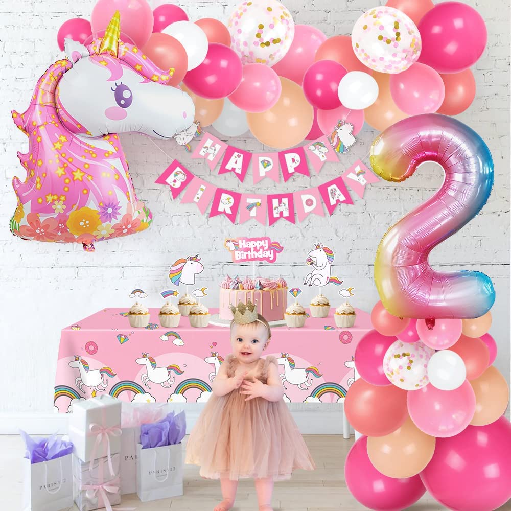 Humairc Decoration Anniversaire Licorne, Deco anniversaire Fille 2 ans Ballon Licorne Nappe Licorne Banderole Joyeux Anniversaire Decoration Gateau Grand Ballon Numéro 2, Cadeau Enfant 2 ans