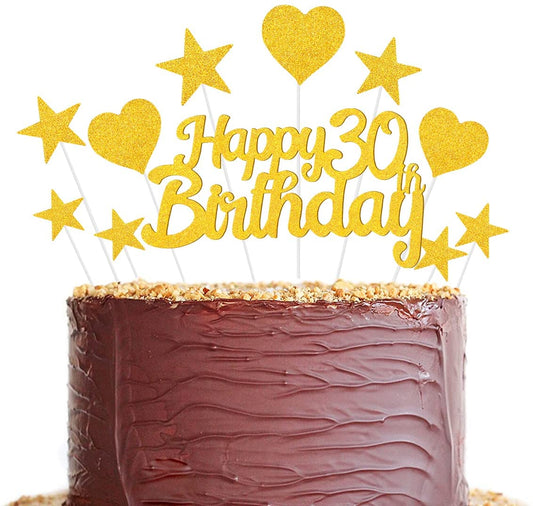 Humairc 30th Cake Toppers Men, 30th Cake Decorations Women, Gold Happy Birthday Cupcake Topper Star Heart Topper for Birthday Party Decor - 30 Years Old Birthday Cake Ideas - Boy Girl
