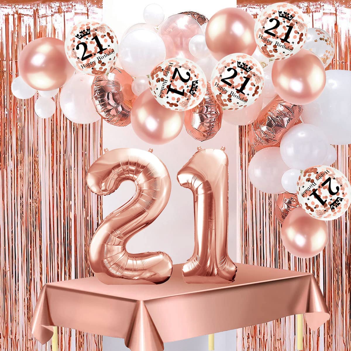 Humairc 21st Rose Gold Birthday Party Decoration for Girls Happy Birthday Banner Number 18 40inch 2 Fringe Curtain Foil Tablecloth Confetti Balloon Cake Topper Table Confetti Anniversary