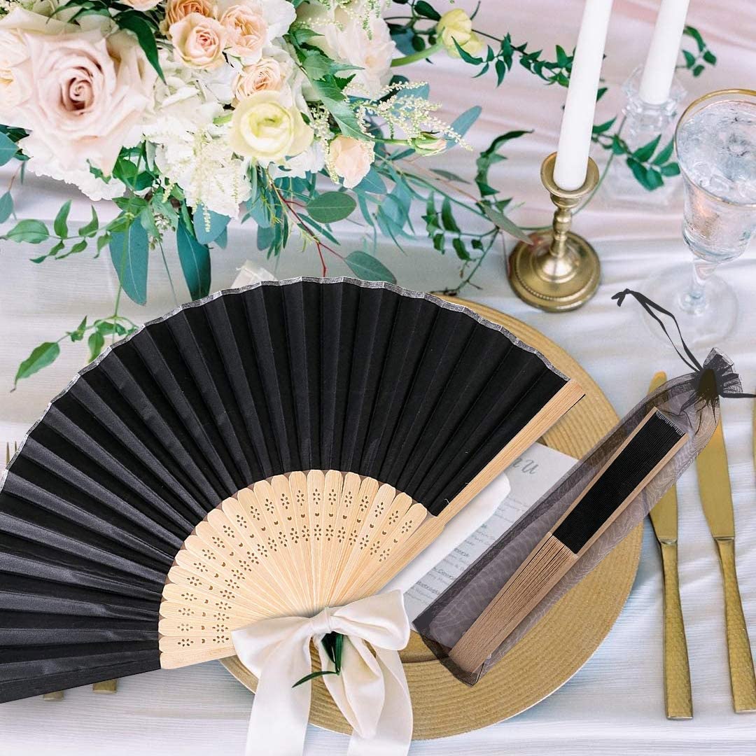 Humairc Black Wedding Fan 10pcs Cloth Folding Hand Held Fan and 10pcs Organza Bags Bamboo Chinese Fans for Church Wedding Gift Wall Decoration Party Favor DIY Wall Summer Party Guest Gifts
