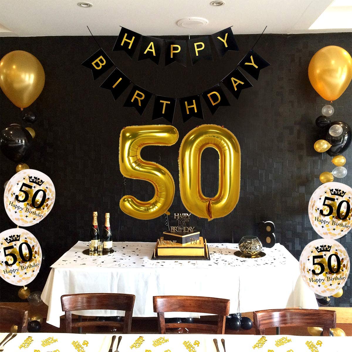 Humairc 50th Black Gold Birthday Party Decoration Happy Birthday Banner Balloon 50 40inch 2 Fringe Curtain Foil Tablecloth Confetti Balloon Cake Topper Table Confetti Kids Adult Man Woman